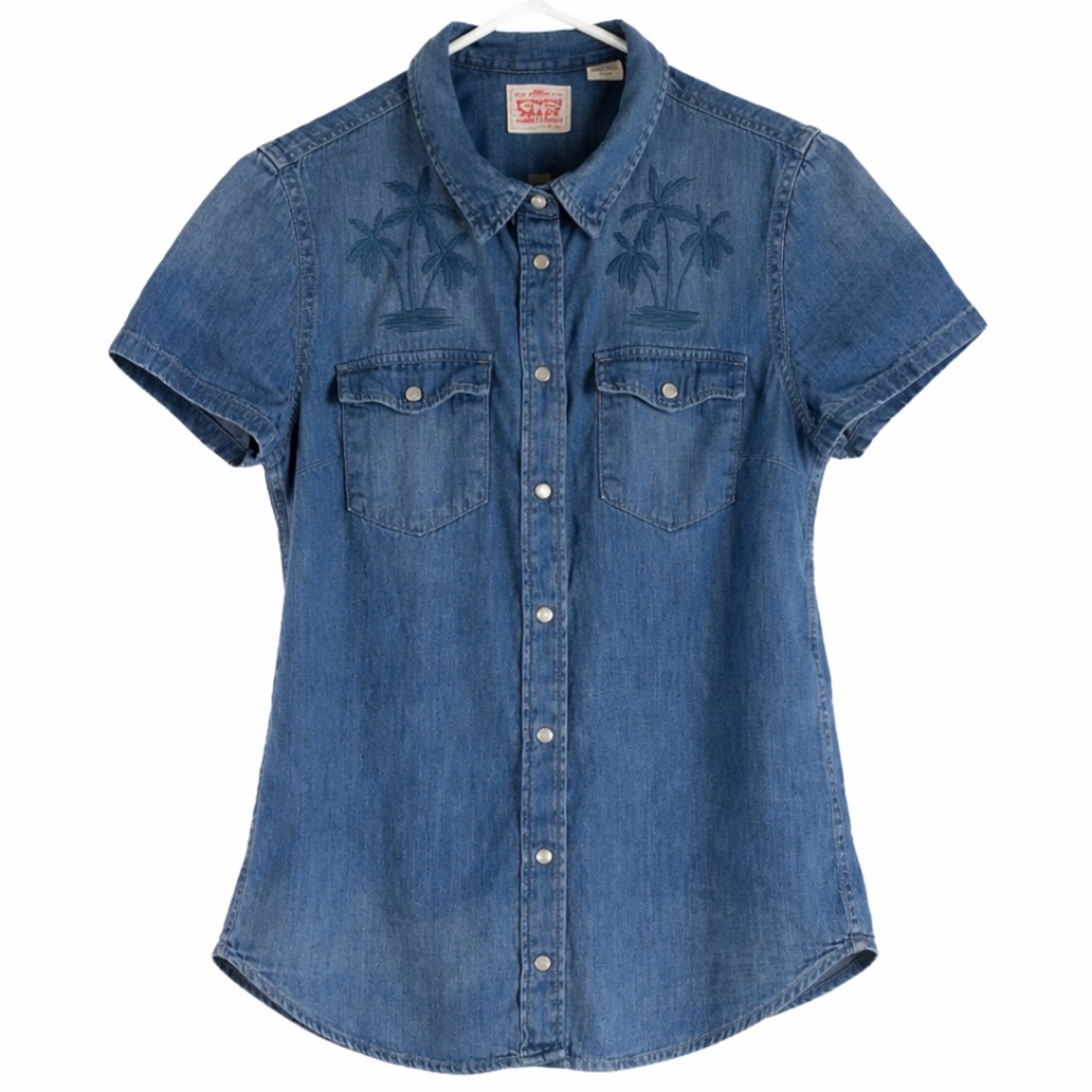 Levi’s Women S Denim Western Snap Shirt Palm Tree Embroidered Coastal Beach